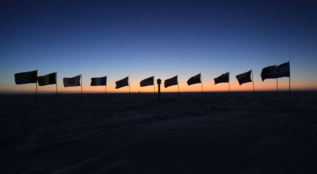 Line of flags at twilight.