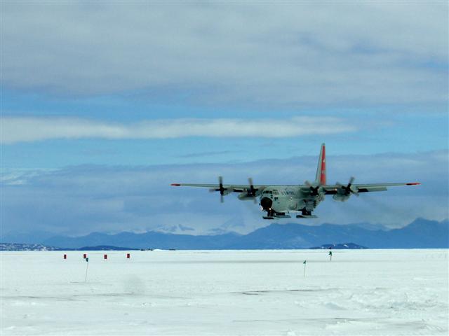 Plane prepares to land on ice.