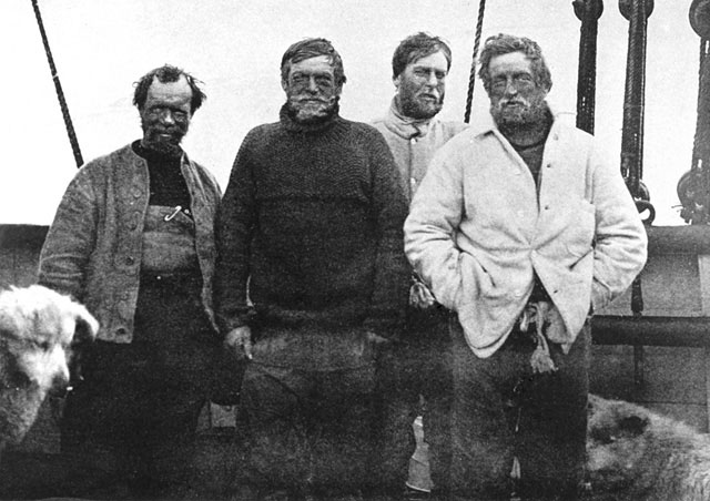 Black and white photo of early Antarctic explorers.