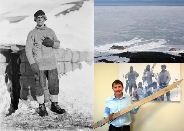 Collage of images featuring historic photo of man in cold weather gear.
