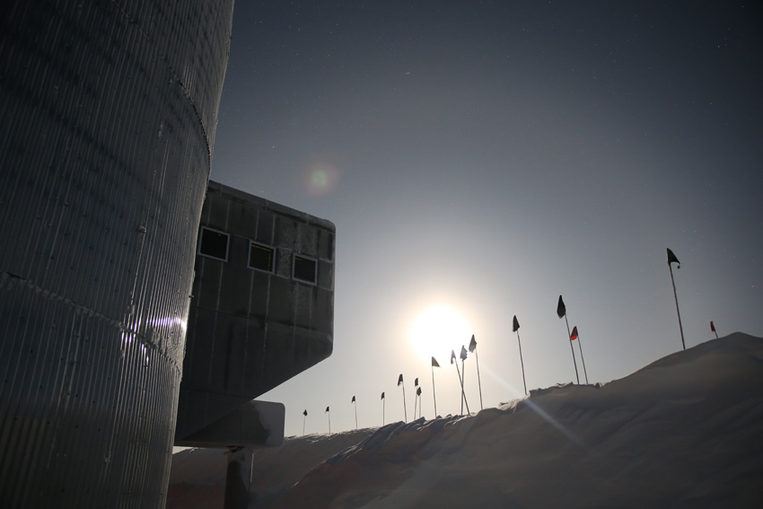 The moon shines brightly over the South Pole Station during the particularly chilly first week of July