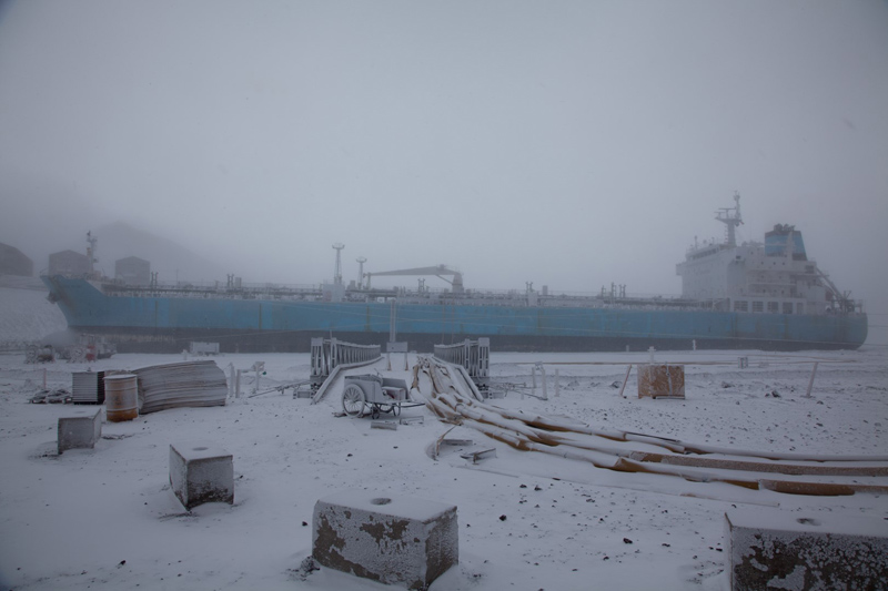 The tanker ship USNS Maersk Peary docked at McMurdo Stations ice pier