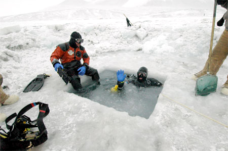 Science divers prepare to make a dive in McMurdo Sound.