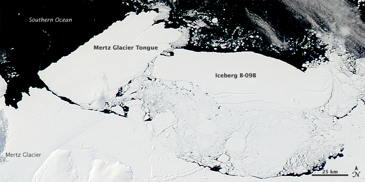 Iceberg dislodges glacier tongue.