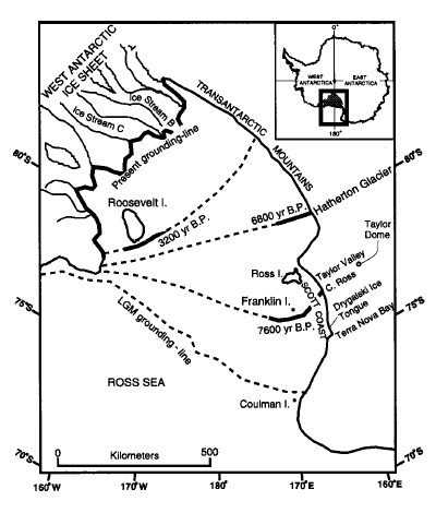 Map shows retreat of WAIS grounding line over time.