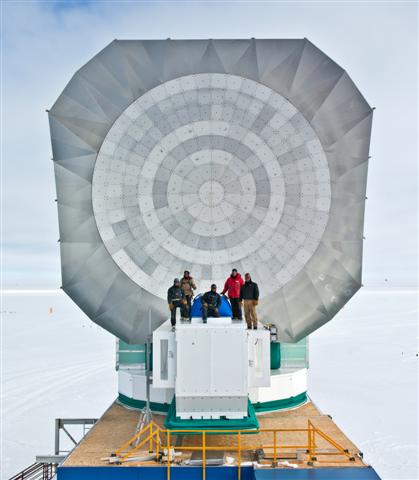 Telescope dish with people in front.