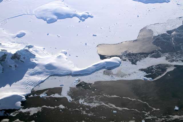 Ice covers aerial landscape.