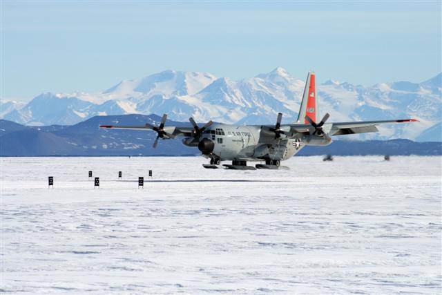LC-130 lands at the Pegasus airfield.