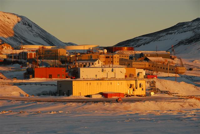 McMurdo Station bathed in sunlight in October 2008.