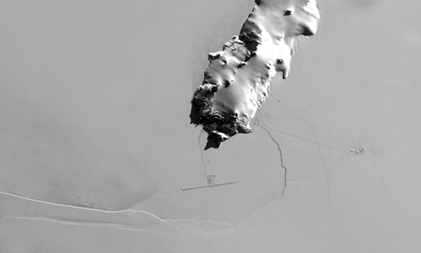 Satellite image of island and ice.
