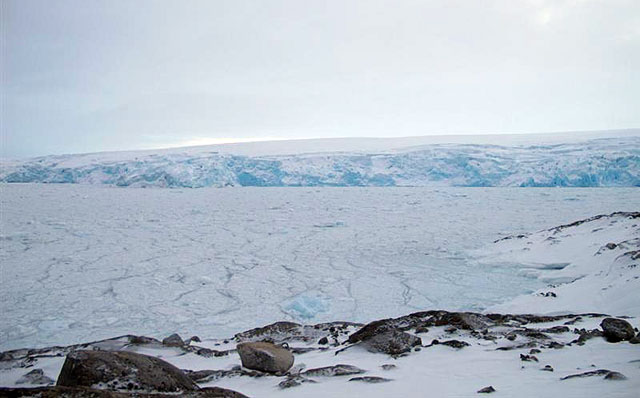 Ice-covered seas and distant glacier.