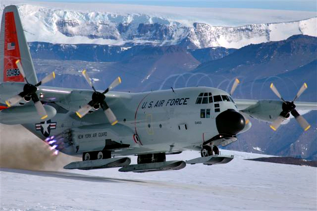 LC-130 takes off from a glacier.