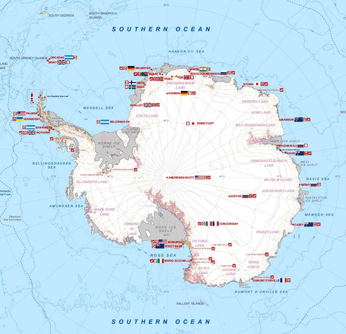 Antarctic map with stations.