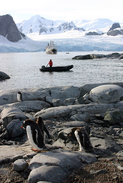 A zodiac boat near Petermann Island.