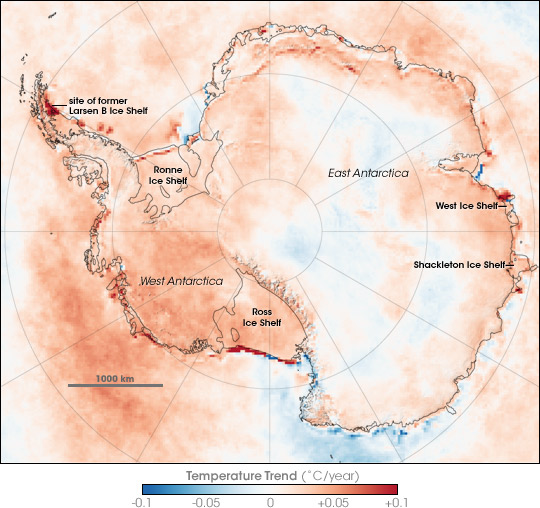 Antarctica temperature map from satellite data.