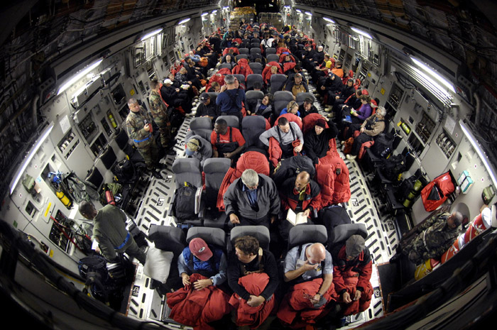 Inside an Air Force C-17 Globemaster III.