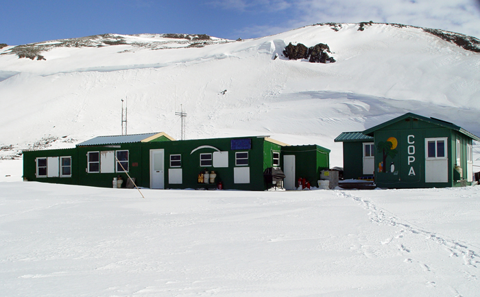 Snow covers the Copa field camp early in the season.