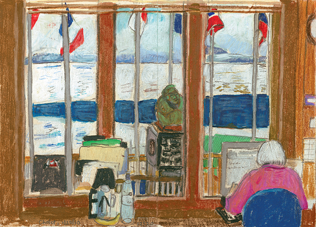 Colorful drawing of windows and scenery.