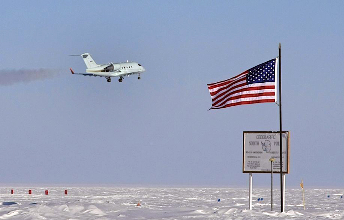 FAA plane flies by the geographic South Pole.