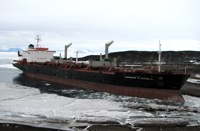 The fuel tanker Lawrence H. Gianella arrives at McMurdo Station.