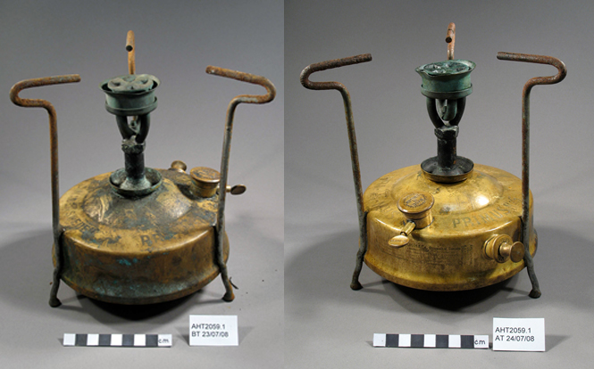 A bass Primus stove before and after treatment.