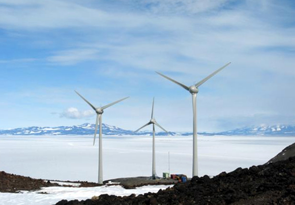 Photo illustration of wind farm overlooking Scott Base.