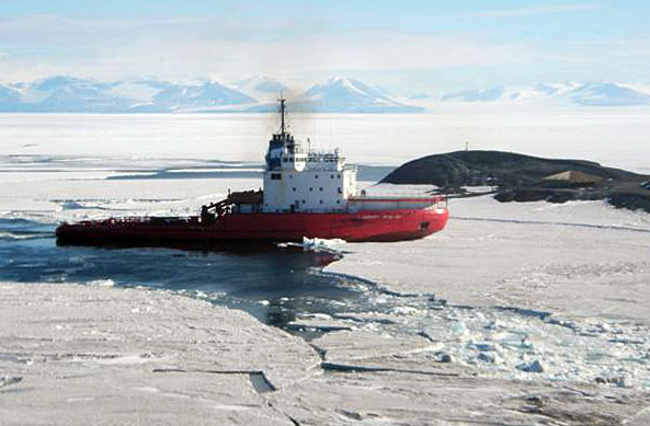 Ship surrounded by ice.