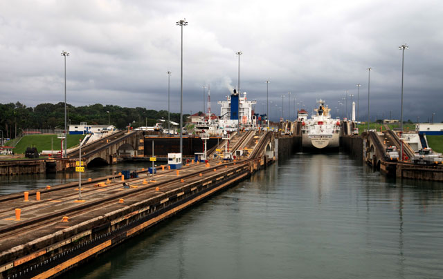 Ships enter the Panama Canal.