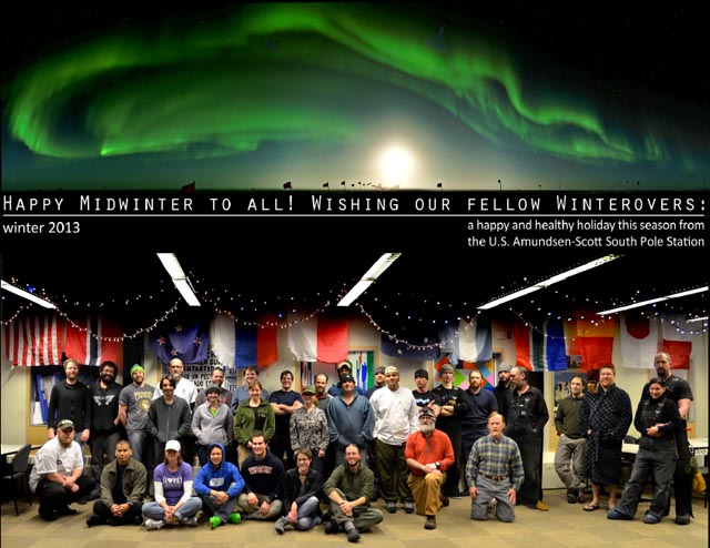 Group of people with photo or aurora above.