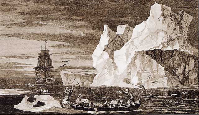 Painting of ship near iceberg.