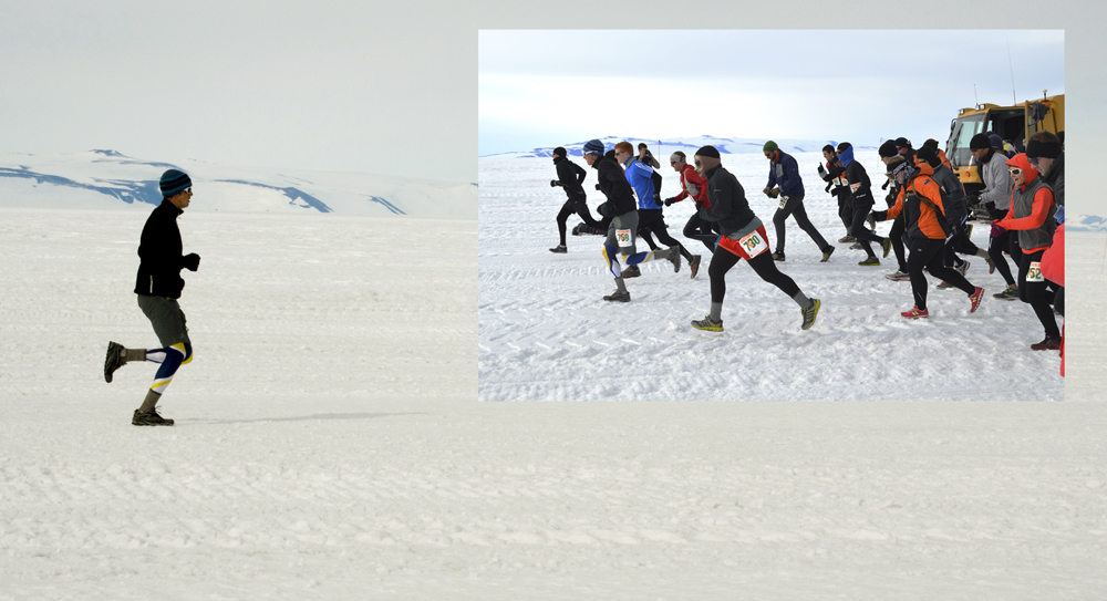 Two separate photos of people running on ice.