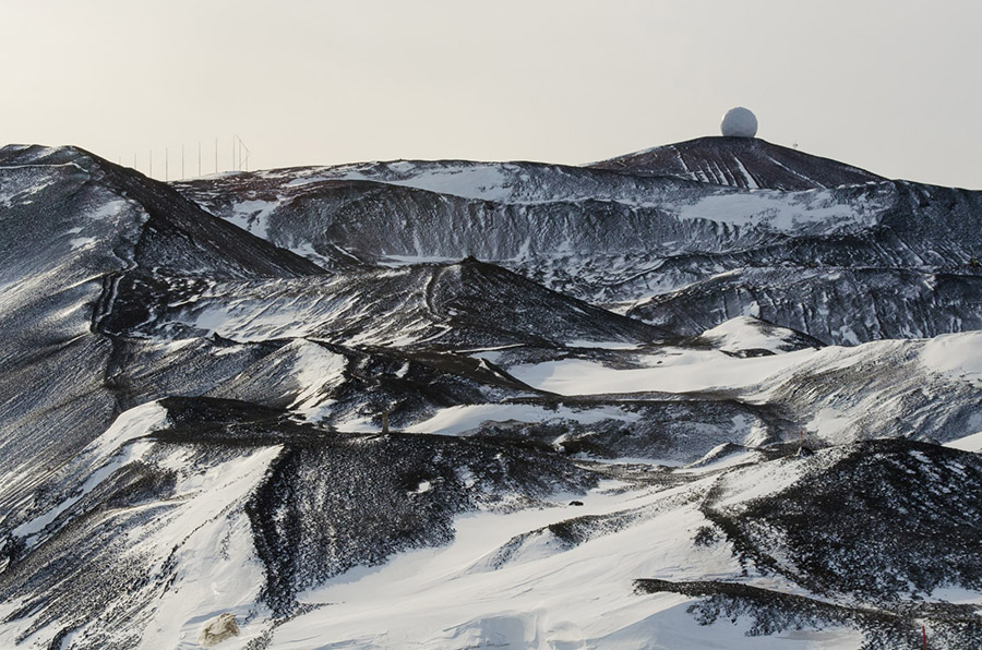 Sometimes referred to as “the Golf Ball,” the Radome of the McMurdo Ground station sits atop the hill overlooking the station