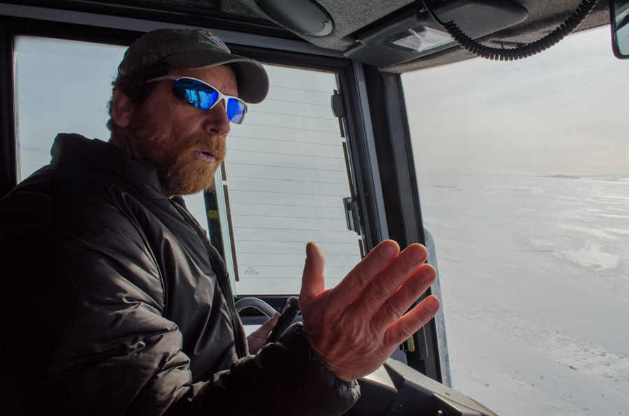 After a successful dive, Robbins drives his PistenBully back to the station across the sea ice.
