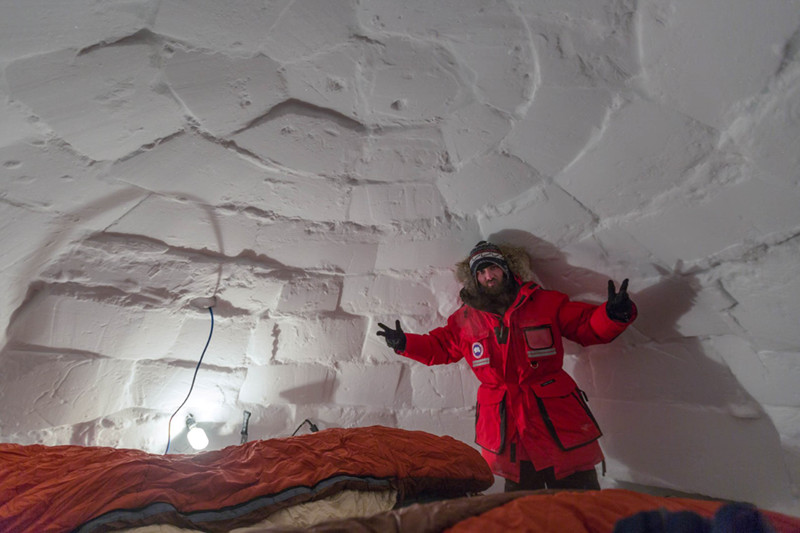 Hamish Wright Stands up inside under the 9-foot ice dome