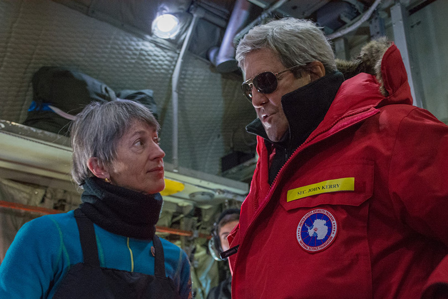 Secretary of State John Kerry speaks with Kelly Falkner, the director of the National Science Foundation’s Division of Polar Programs