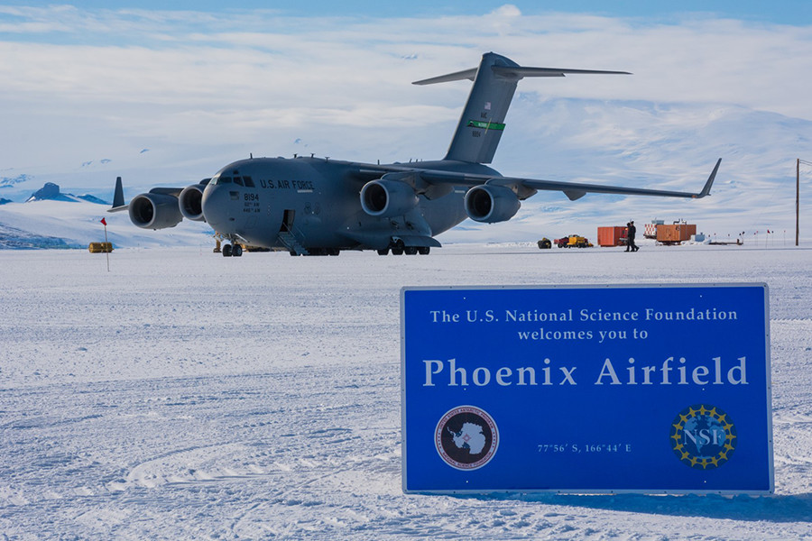 A C-17 idles at the new Phoenix Airfield, testing the strength of its parking apron. It’s hoped that the new airfield can be used as early as February to redeploy McMurdo residents