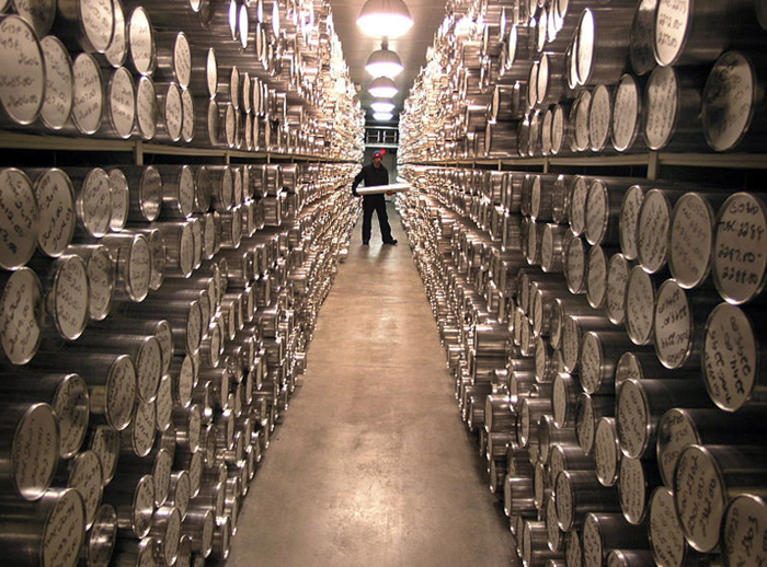 Shelves of ice cores at the National Ice Core Lab.