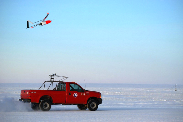 The UAV launches from the roof of a pickup truck.