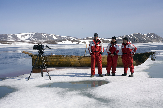 Film crew pauses from shooting walrus hunt.