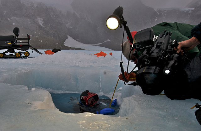 Dale Andersen prepares to dive in Antarctic lake.