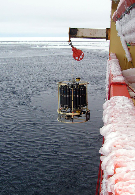 CTD instrument being lowered into the water.