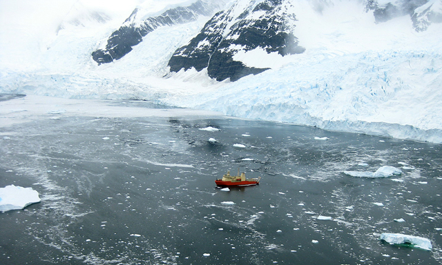 Ship in water near Antarctic Peninsula.