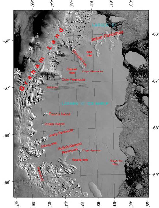 Satellite imagery of Larsen C Ice Shelf.