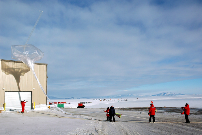 Launching an ozonesonde from McMurdo Station.