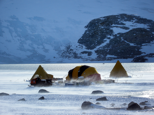 Tents in a snowstorm.