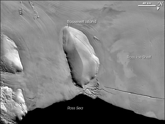 Satellite image of Roosevelt Island and Ross Ice Shelf.
