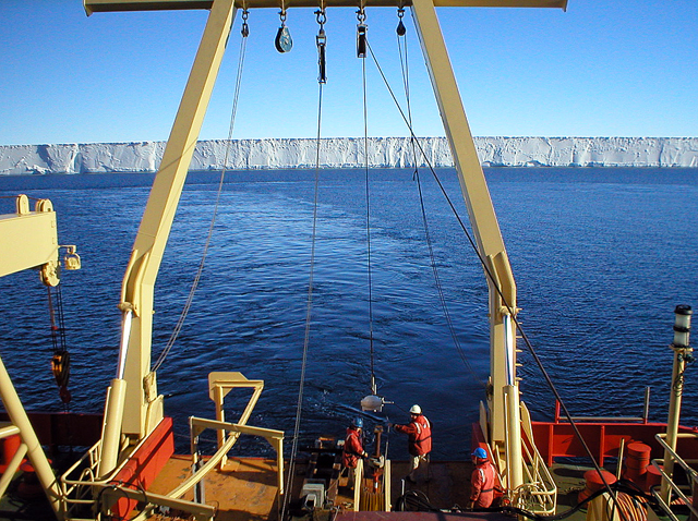Ship deploys an instrument in the Ross Sea.