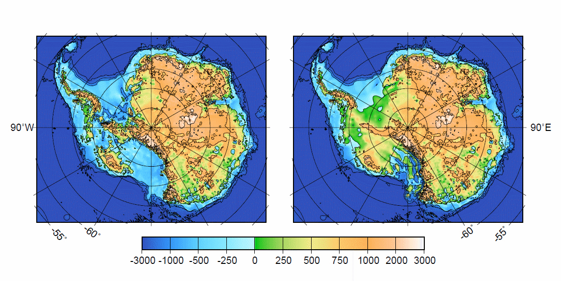Graphic shows old reconstruction (left) and new reconstruction of West Antarctica.