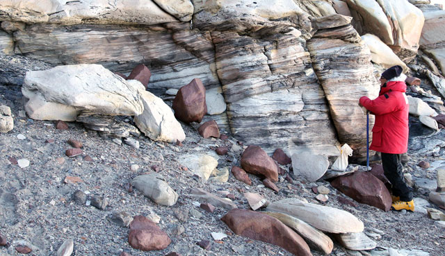 Person examines layers of rock.