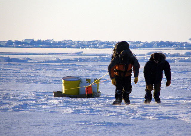 Two people pull sled with gear.